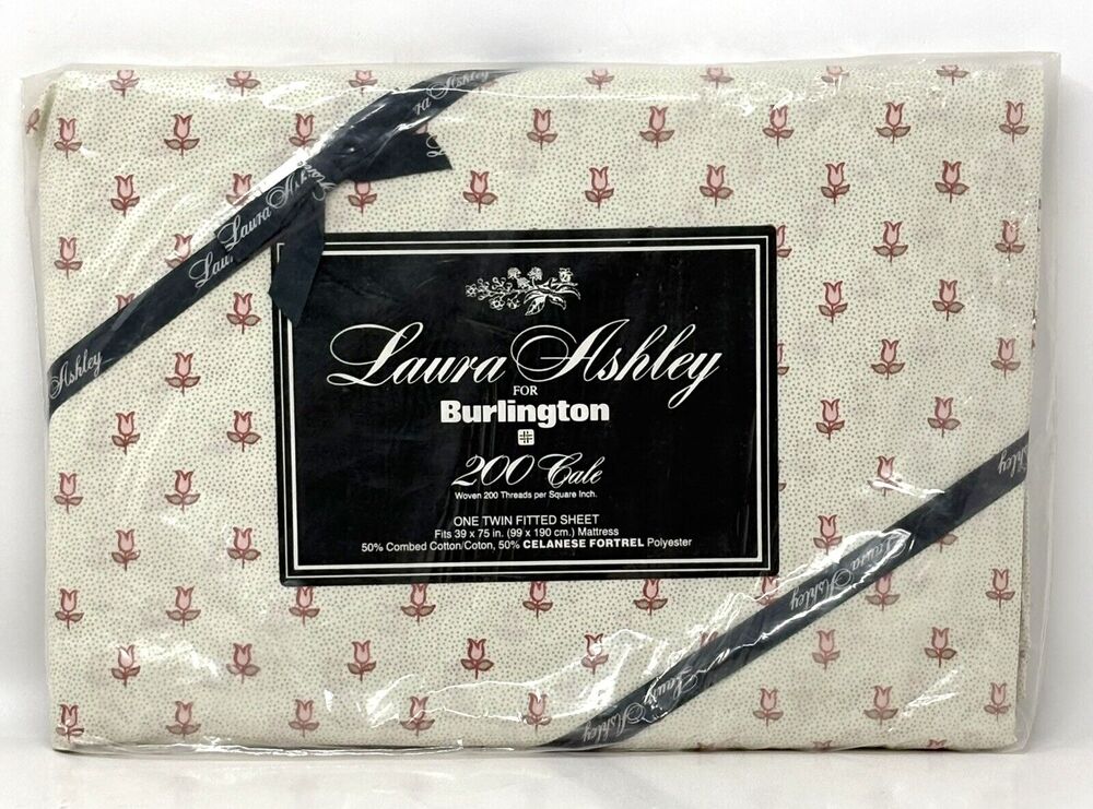 Vtg Laura Ashley Penelope Twin Fitted Sheet Tulips Mint Green Pnk Burlington NOS